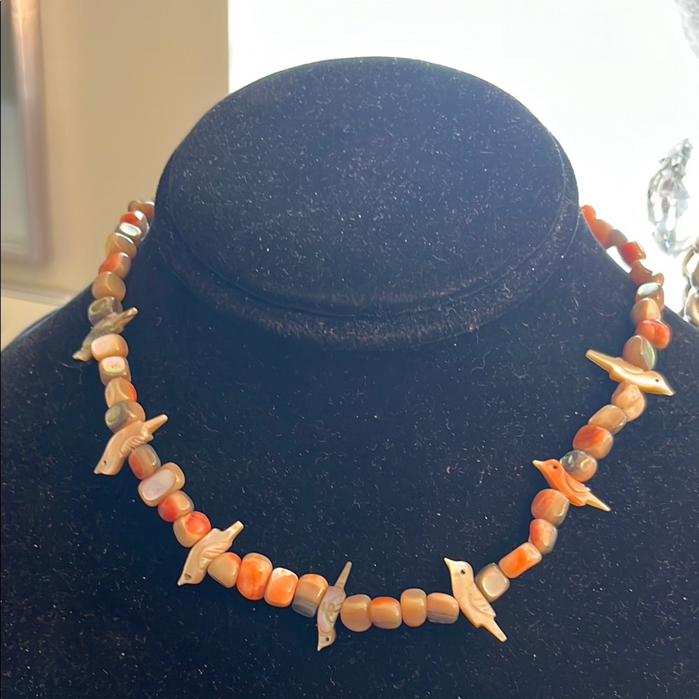 Handcrafted Bird Bead Necklace - Orange and Cream